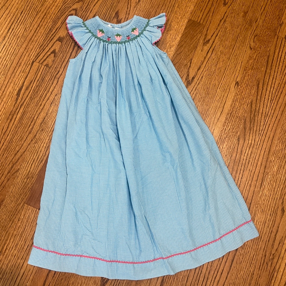 Blue Smocked Kids Dress with Pink Strawberry Accents